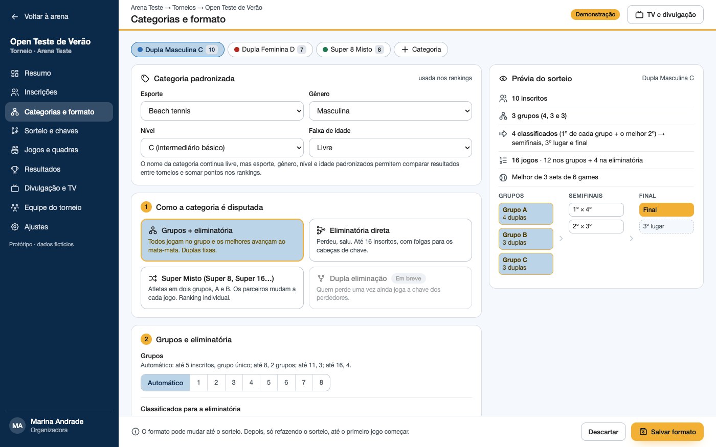 Categorias e formato do torneio com os novos menus